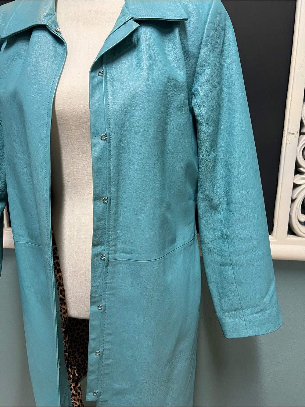 Newport News Y2K Turquoise Long Leather jacket - Picture 3 of 11